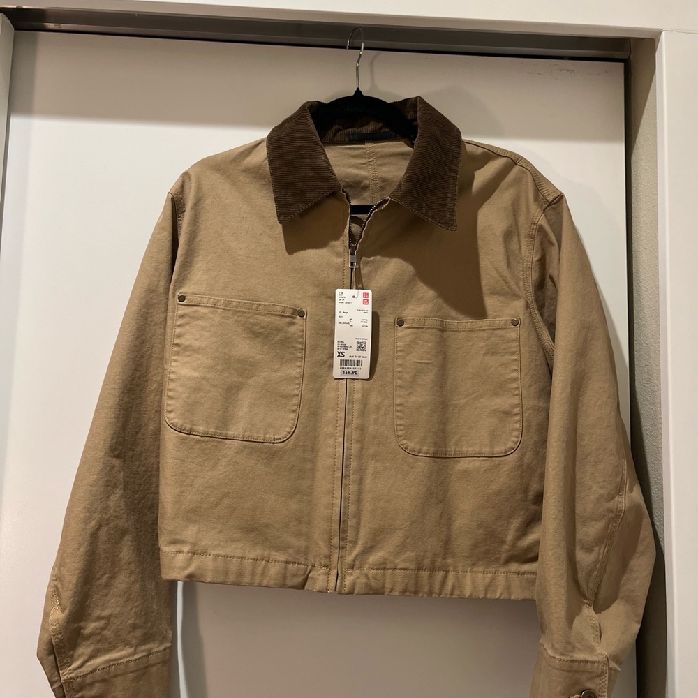 Uniqlo Women's Tan Cropped Jacket with Dark Brown Corduroy Collar
